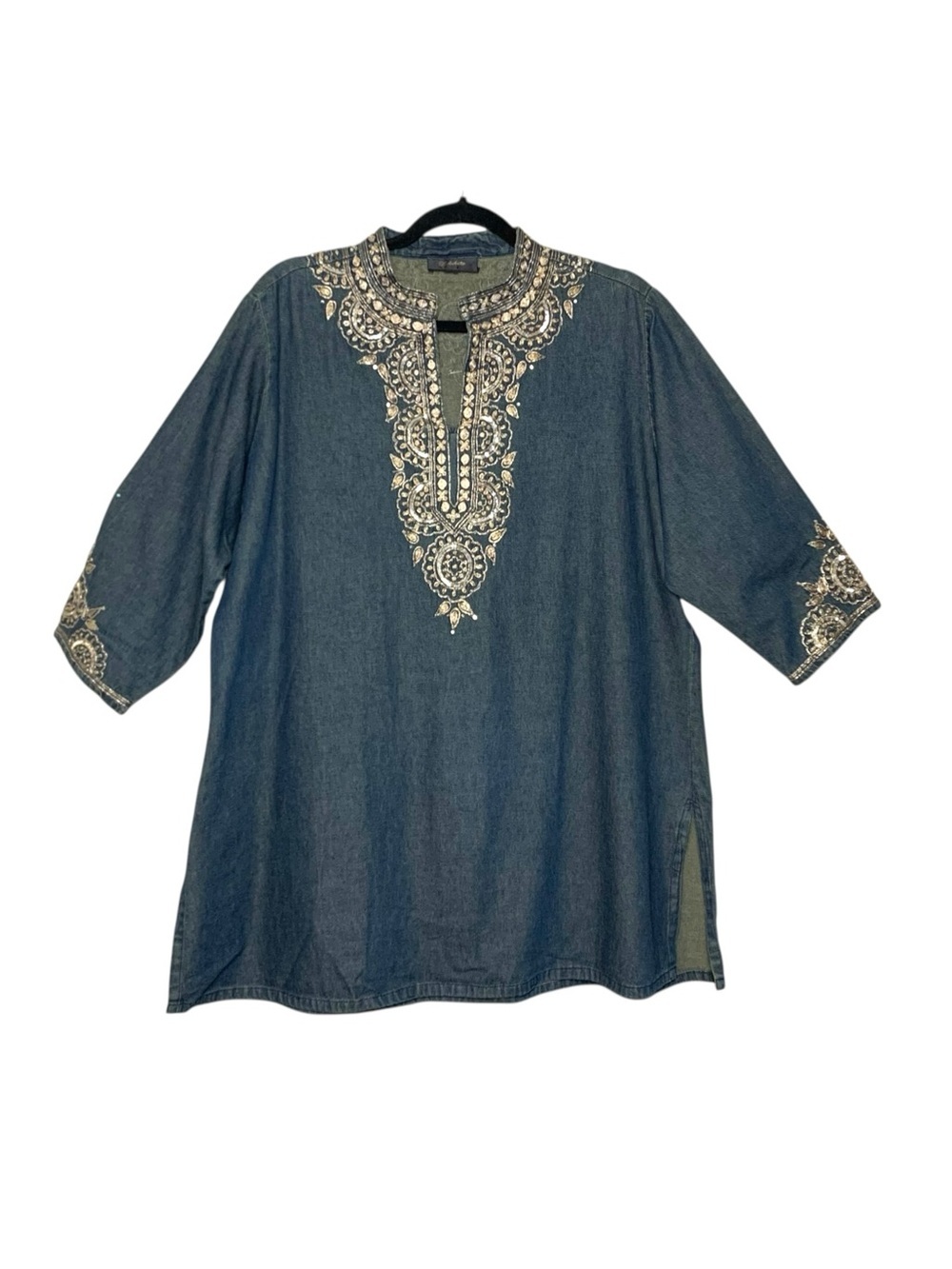 Embroidered Denim Shirt Gold Embroidery Sz L/XL V Neck Boho Hippie Top